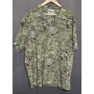 Howie Made in Hawaii Mens Green Tropical Aloha Shirt Ukulele Turtle Print XL